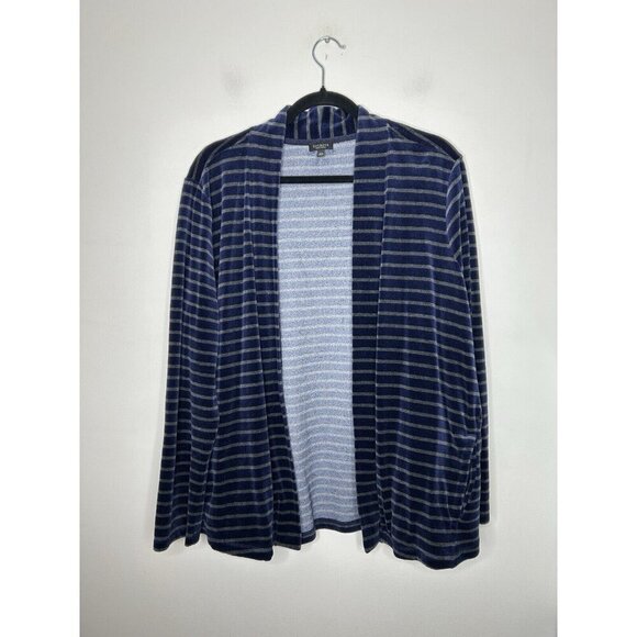 Talbots Cardigan Womens Blue Gray Stripe Open Front Velvet Knit Plush Size 2XP - Picture 1 of 10